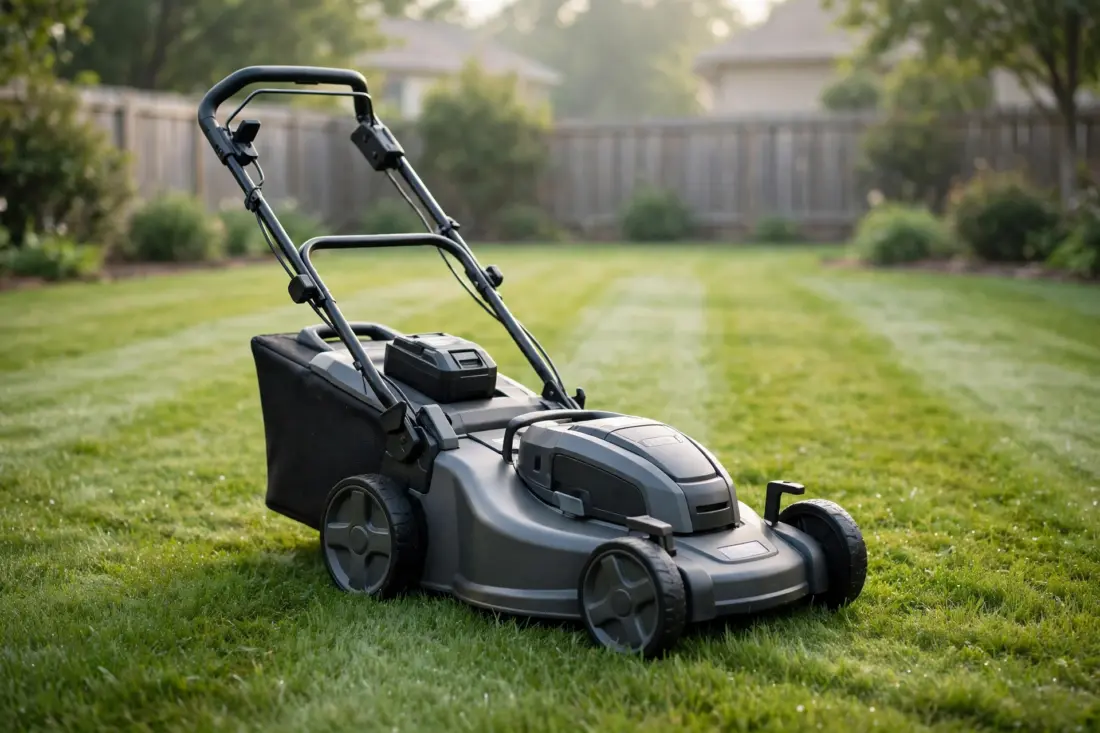 AI-generated illustrative image of a cordless electric lawn mower