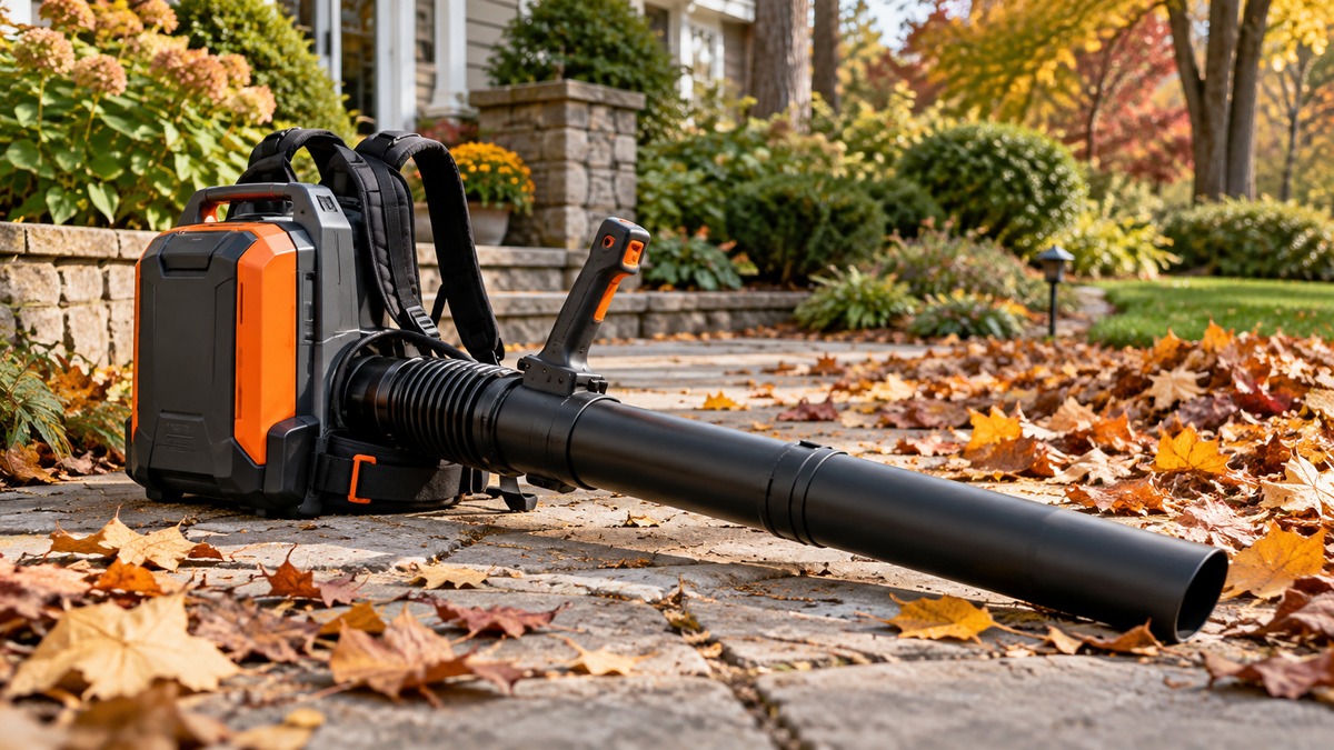 Battery backpack leaf blower beside a garden path