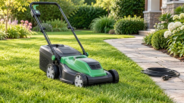 A corded push mower on a green lawn with its cord coiled neatly beside a garden path.
