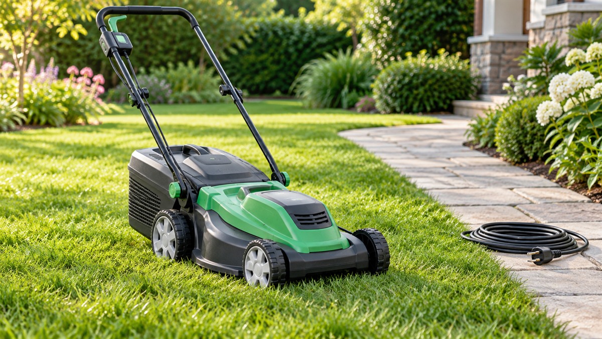 A corded push mower on a green lawn with its cord coiled neatly beside a garden path.