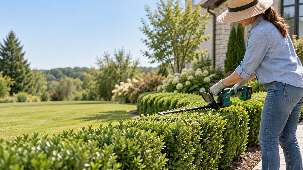 A homeowner trims a low boxwood hedge with a compact cordless hedge trimmer on a clear day.