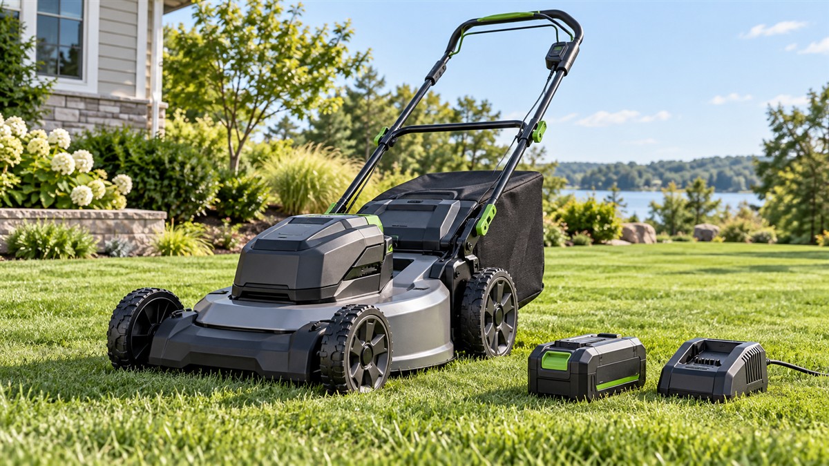 A cordless 21-inch push mower on a trimmed lawn, with its battery and charger placed beside it.