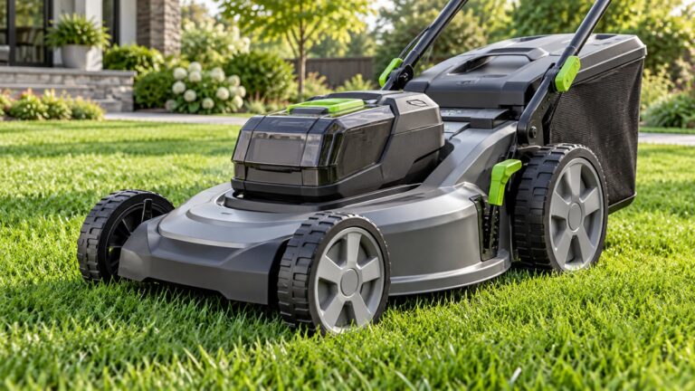 A close-up of a battery-powered lawn mower deck on a trimmed lawn, with the model label visible on the mower housing.