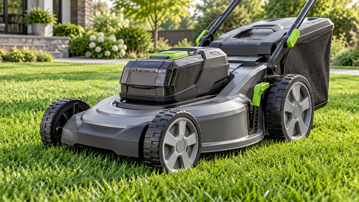 A close-up of a battery-powered lawn mower deck on a trimmed lawn, with the model label visible on the mower housing.