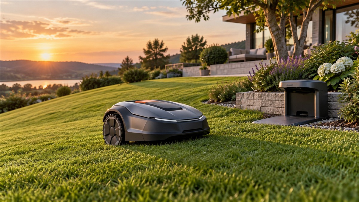 A wire-free robot lawn mower on a sloped green lawn beside its charging dock in soft evening light.