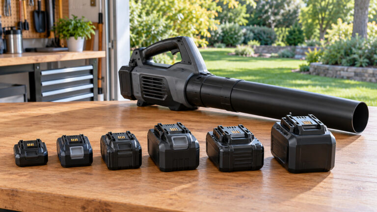 Six generic cordless tool batteries arranged beside a leaf blower on a workbench.