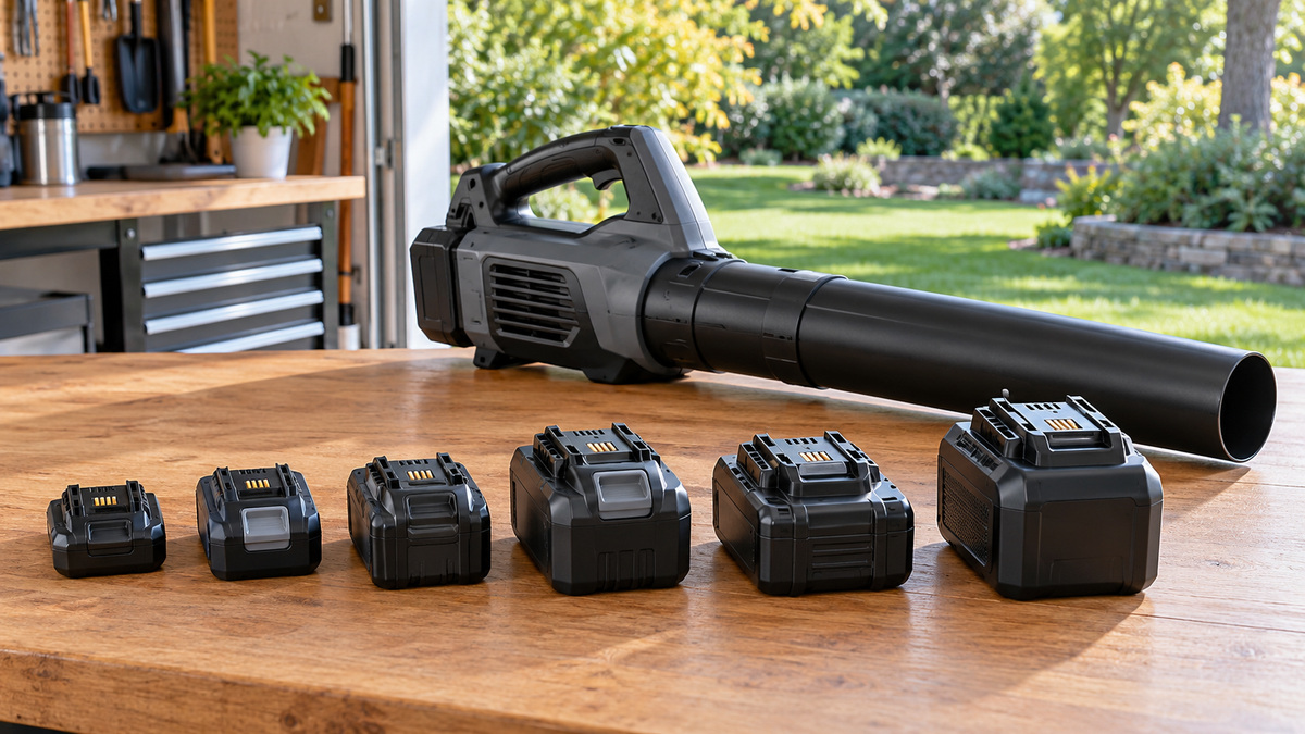 Six generic cordless tool batteries arranged beside a leaf blower on a workbench.