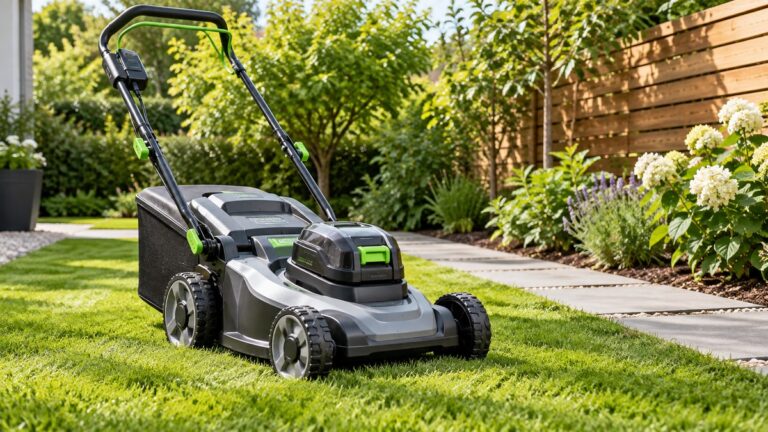 A battery operated walk-behind mower on a small trimmed lawn next to a garden path and a wooden fence.