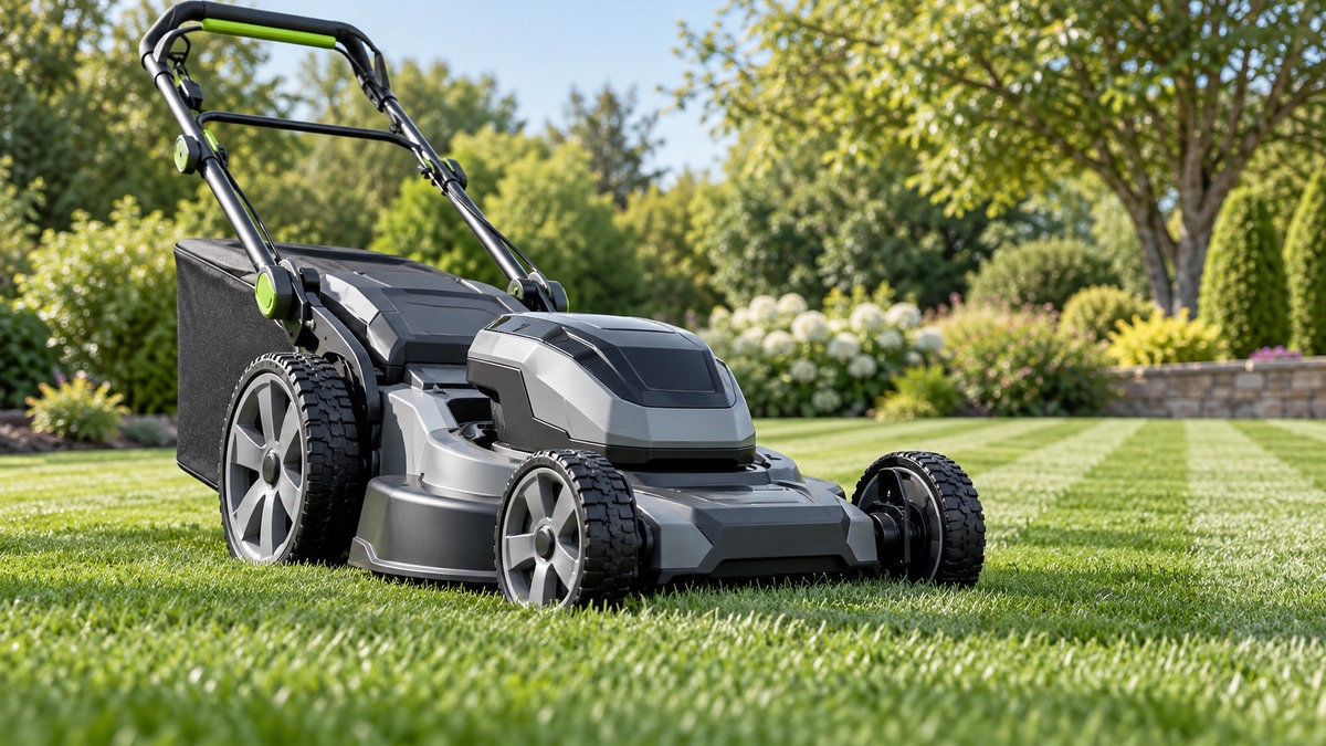 A battery powered self-propelled mower with its drive wheels on a striped lawn, seen from low on the grass.