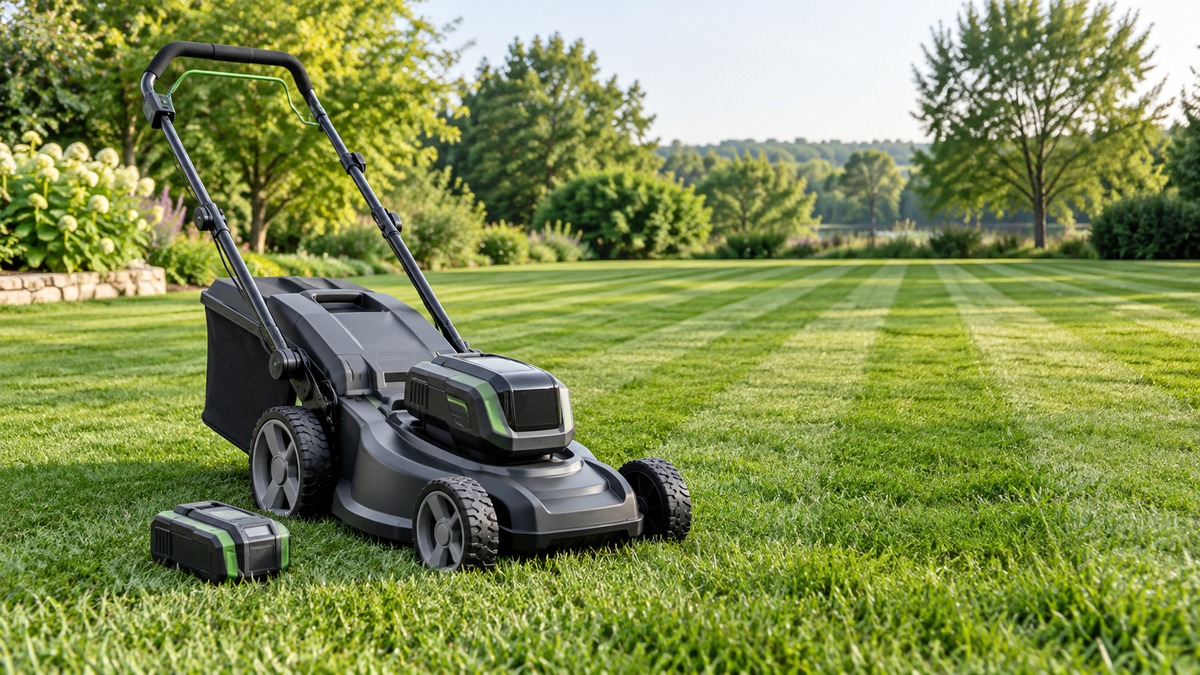 A battery self-propelled lawn mower on a wide striped lawn, with a battery pack resting on the grass nearby.
