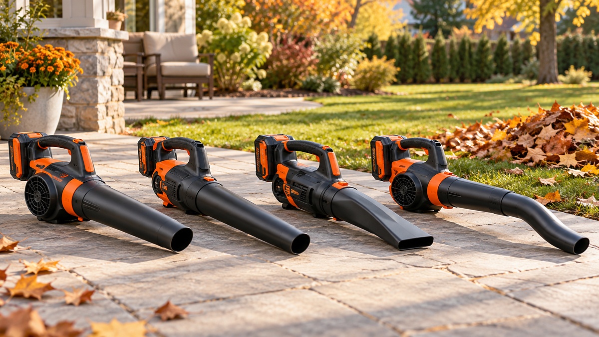 Four compact cordless leaf blowers are lined up on a patio beside autumn leaves.
