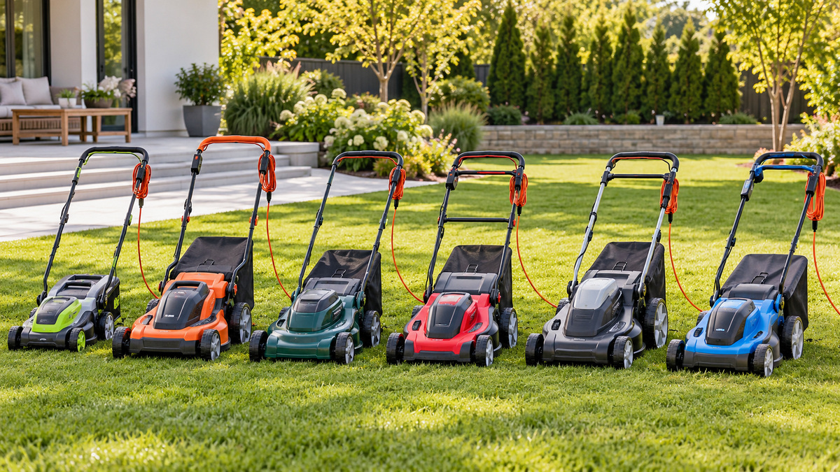 Six generic corded electric lawn mowers arranged in a bright backyard for comparison.