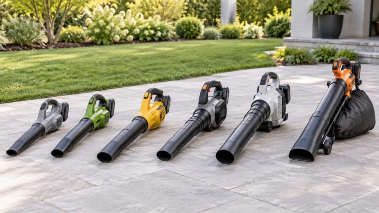 Six cordless leaf blower designs including a vacuum collection model line a sunny garden patio.