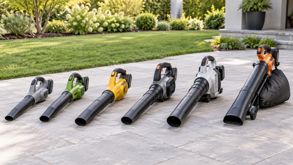 Six cordless leaf blower designs including a vacuum collection model line a sunny garden patio.