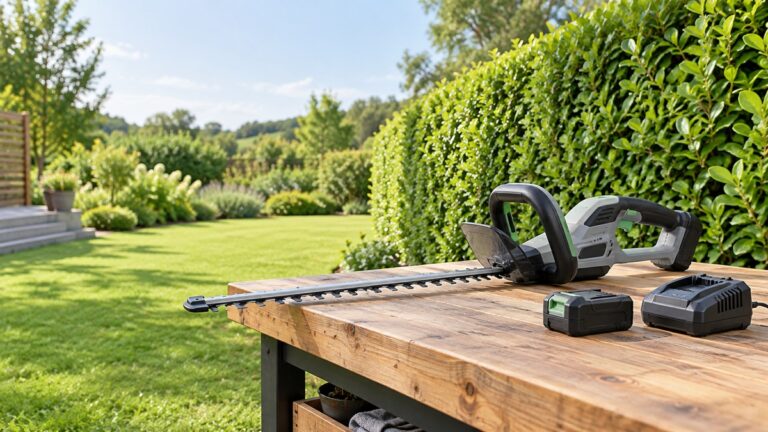 A cordless hedge trimmer, removable battery, and charger rest on a workbench beside a hedge.