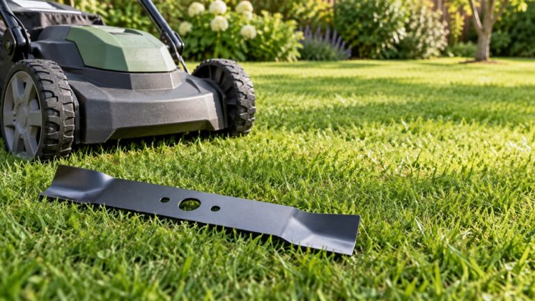 A replacement mower blade rests on grass beside an electric lawn mower.