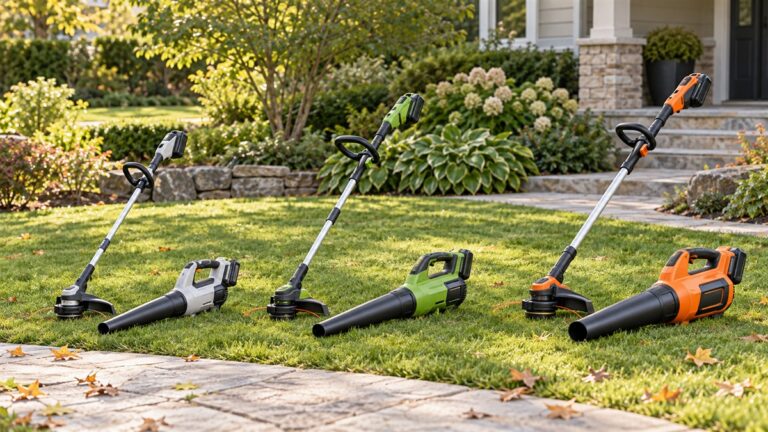 Three cordless string trimmers paired with leaf blowers on a lawn.