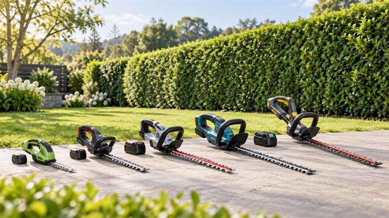 Five cordless hedge trimmers arranged on a garden patio.