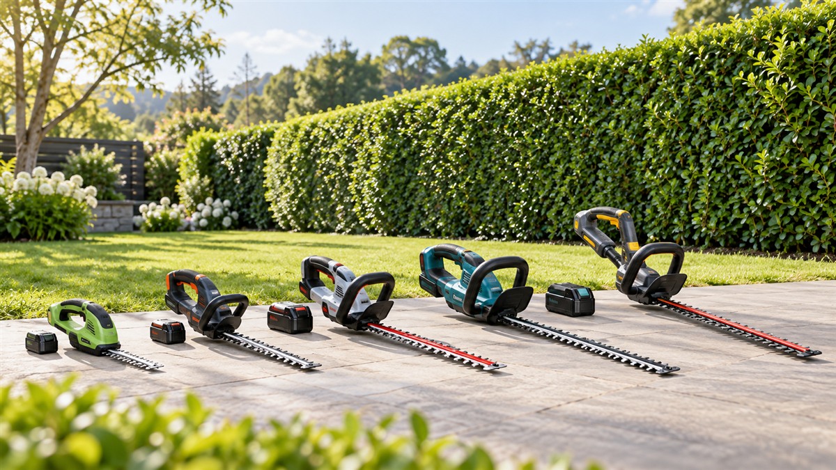 Five cordless hedge trimmers arranged on a garden patio.