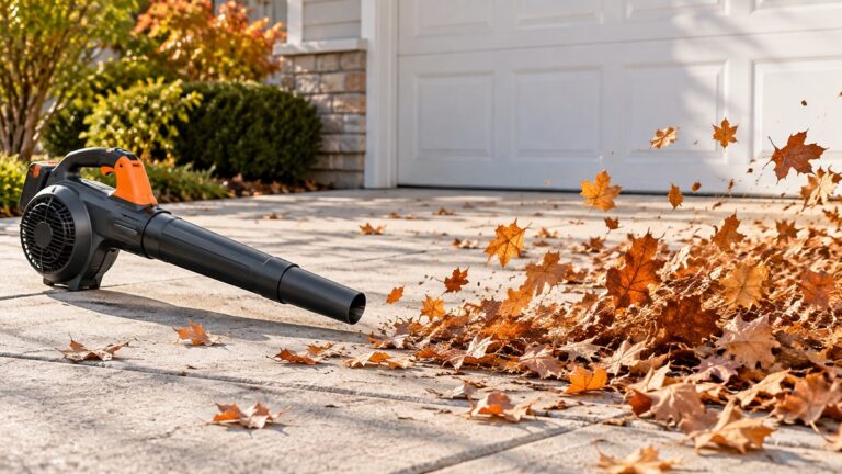 A compact handheld leaf blower clears dry leaves from a small suburban driveway.