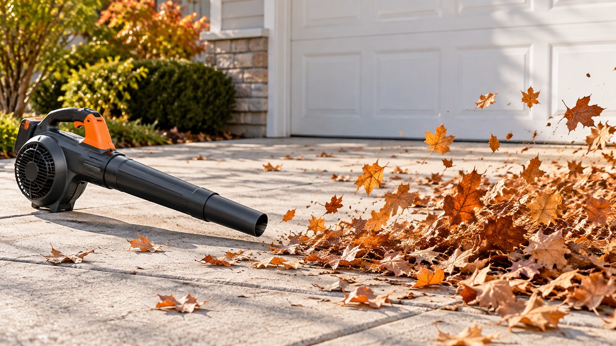 A compact handheld leaf blower clears dry leaves from a small suburban driveway.