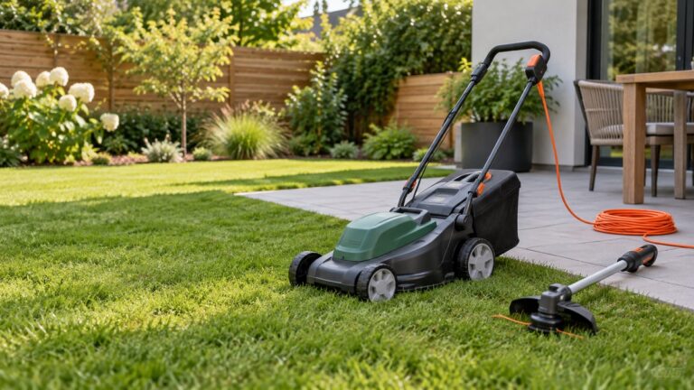 A compact corded mower and trimmer head sit in a small yard beside a patio and extension cord.