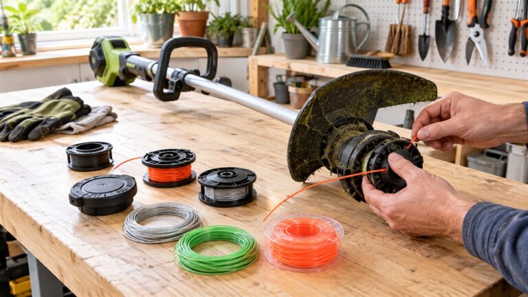Hands threading fresh line into a cordless trimmer head on a workbench.