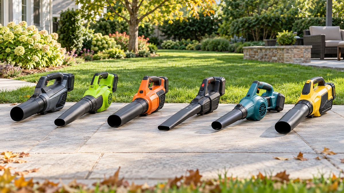 Six cordless leaf blowers are arranged on a patio beside a sunny residential lawn.
