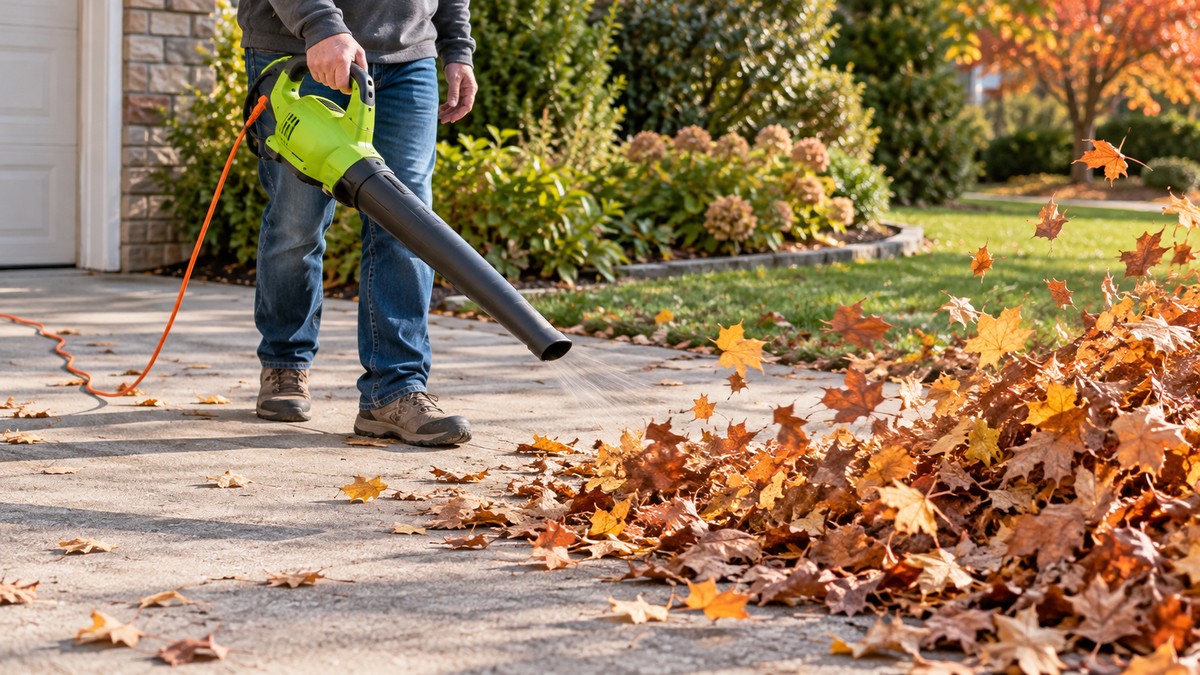 Corded electric leaf blower gathering leaves on a driveway