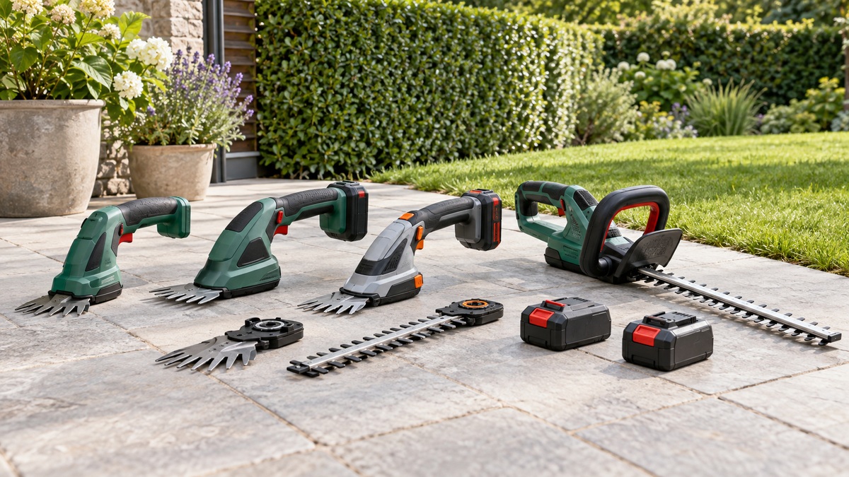 Cordless grass shears and hedge trimmers with interchangeable blades on a garden patio.