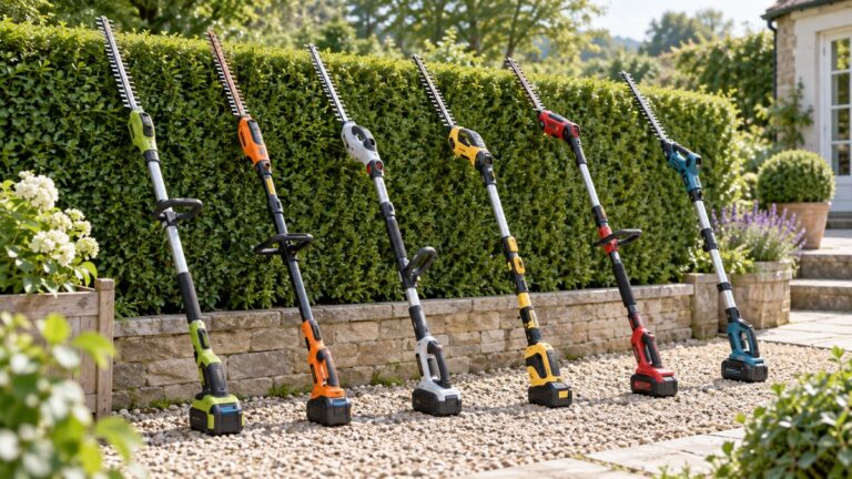 Six unbranded cordless pole hedge trimmers arranged beside a neatly clipped garden hedge.