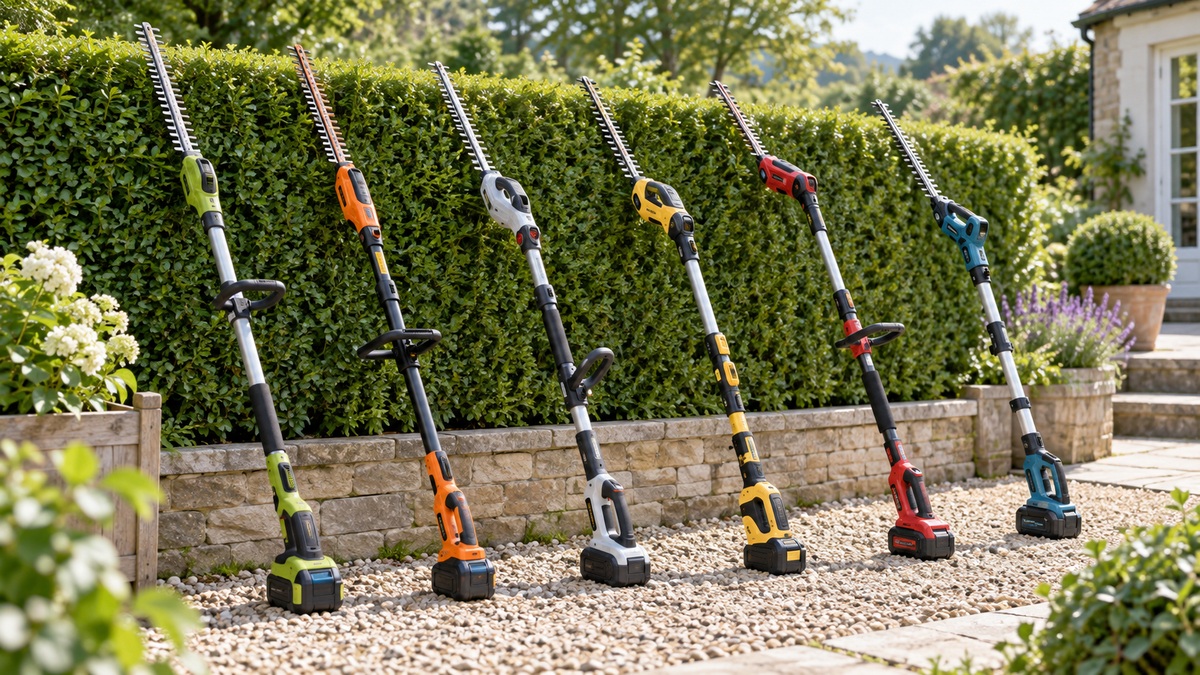 Six unbranded cordless pole hedge trimmers arranged beside a neatly clipped garden hedge.