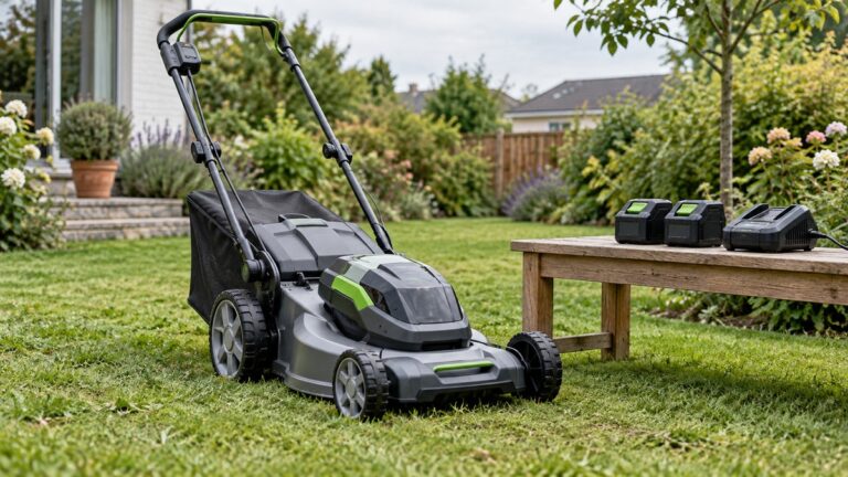Cordless lawn mower kit with removable batteries and charger