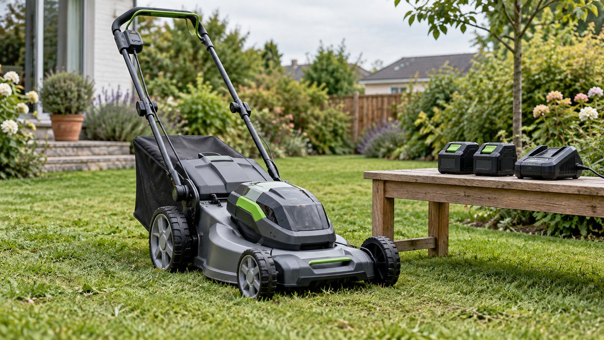 Cordless lawn mower kit with removable batteries and charger