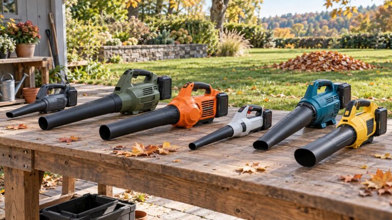 Six cordless leaf blowers arranged on a garden workbench beside autumn leaves.