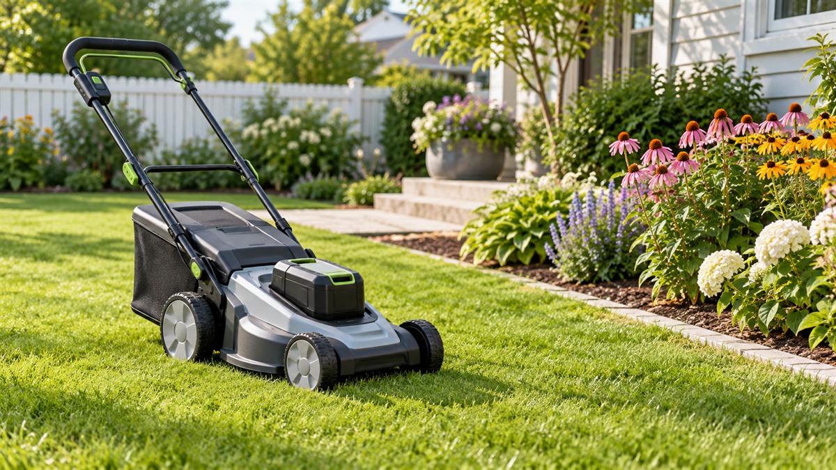 A compact cordless walk-behind mower on a small trimmed lawn beside a flower bed.