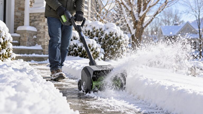 Cordless snow blower shovel clearing a narrow residential walkway.