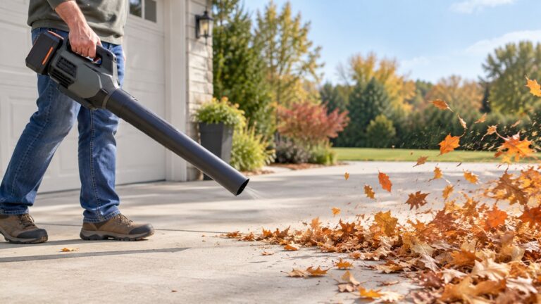 A cordless handheld leaf blower with its battery installed clears leaves from a driveway.