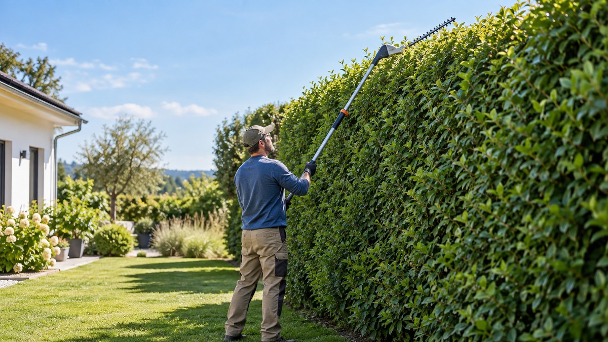 A homeowner trims a tall hedge from the ground using an extended-pole hedge trimmer.