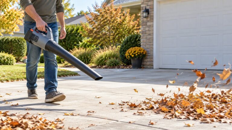 A homeowner clears dry leaves from a driveway with a cordless leaf blower and concentrator nozzle.