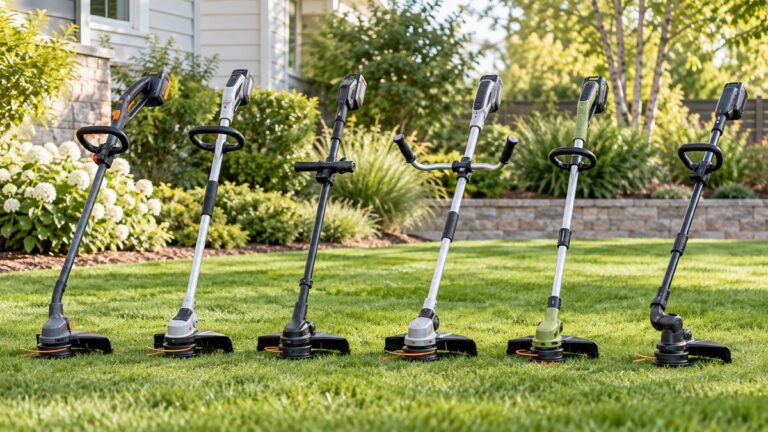 Six unbranded cordless string trimmers arranged across a tidy residential lawn.