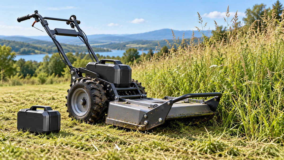 A cordless brush cutter resting on a grass edge beside a spare battery pack, shot in daylight.