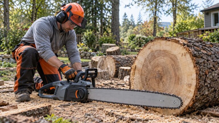 Electric chainsaw beside large tree trunk sections