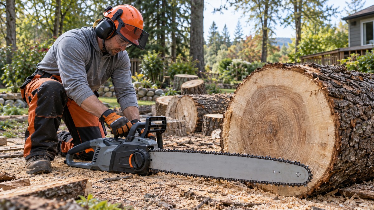 Electric chainsaw beside large tree trunk sections