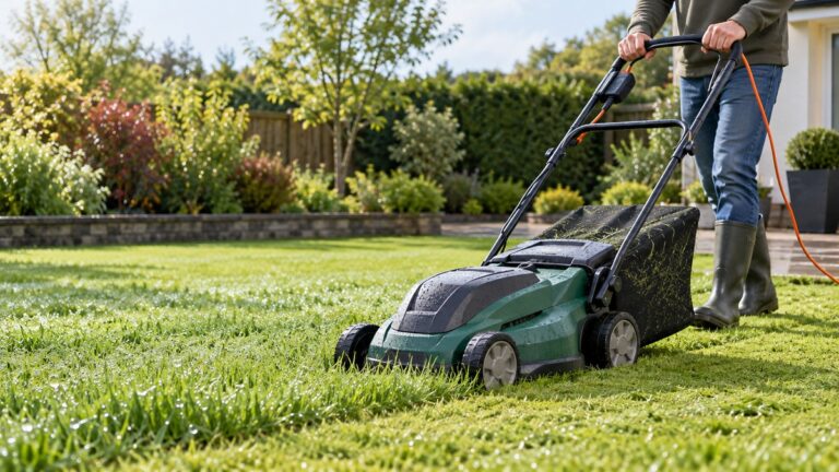 A corded electric mower cuts damp grass with its collection bag attached beside a wet lawn.