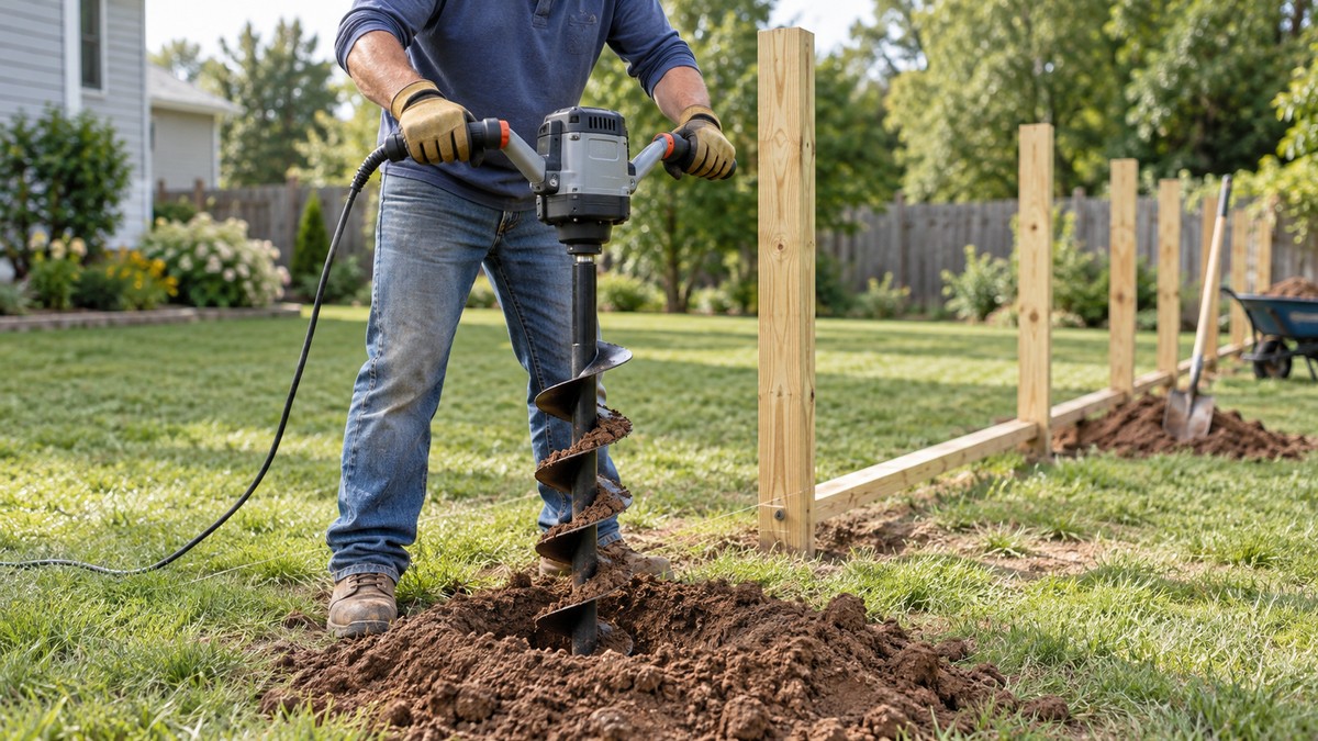 Electric post hole digger drilling a fence-post hole in a backyard