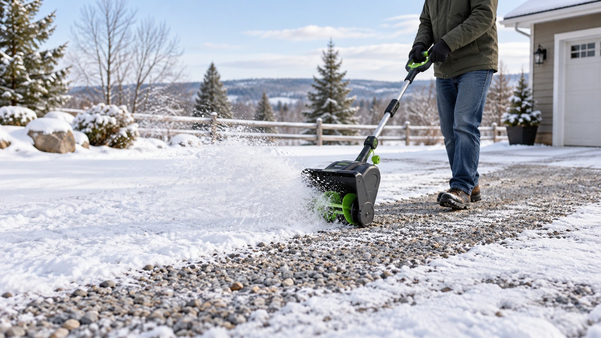 A person clears light snow from a gravel driveway with a compact electric snow shovel.