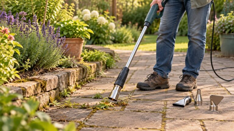 Electric weed burner treating weeds between garden paving stones