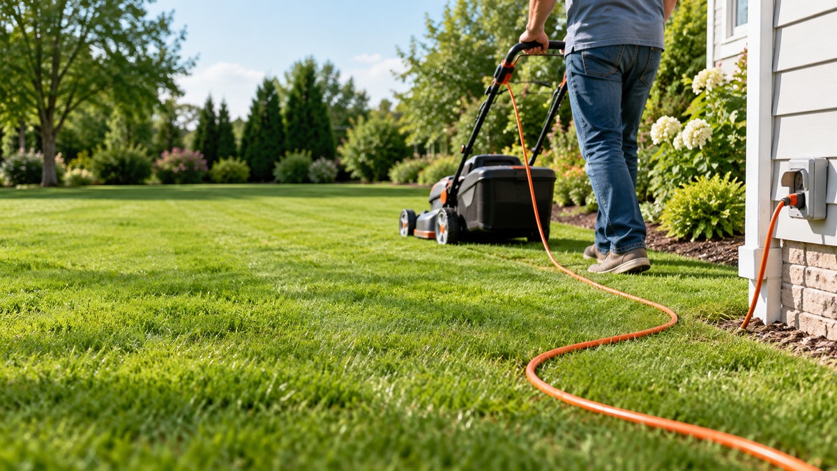 An outdoor extension cord runs across green grass toward a corded electric mower near an outlet.