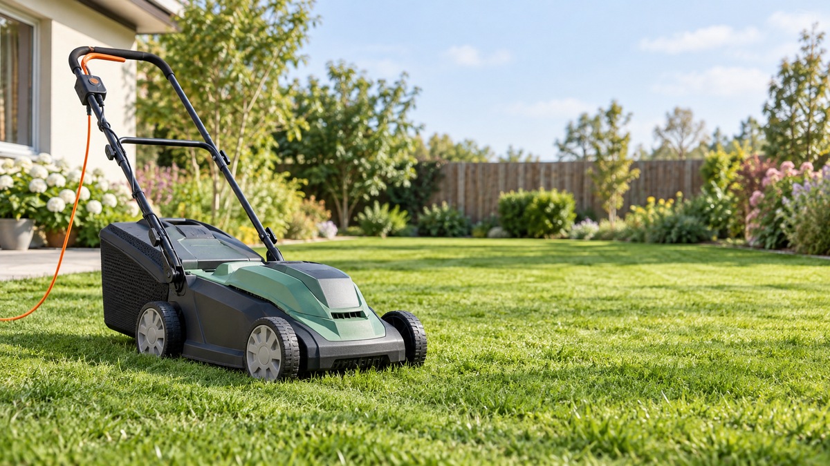 A compact corded electric mower sits on a small lawn with an orange extension cord behind its handle.